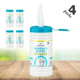 Juniper CLEAN 4 Pack Surface Cleaning Wipes with Bleach, All-Purpose Cleaner for Bathroom, Kitchen, Office, 300 Count Canister, 7.5" x 7" Sheet, Fresh Scent, Lint Free & Durable