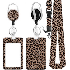 ID Badge Holder with Lanyard, Retractable Badge Reel Carabiner Clip | Adjustable & Breakaway Lanyard Strap Vertical Card Protector | Fashion Leopard Print for Worker Nurse Teacher Student Women Gifts
