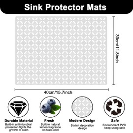 2 Pack Sink Protector Mats for Ceramic Sinks/Stainless Steel Sinks, Kitchen Sink Mat Protector Draining Mat for Bathroom Kitchen Countertop 30 x 40cm (Clear, Blueberry/Cherries)