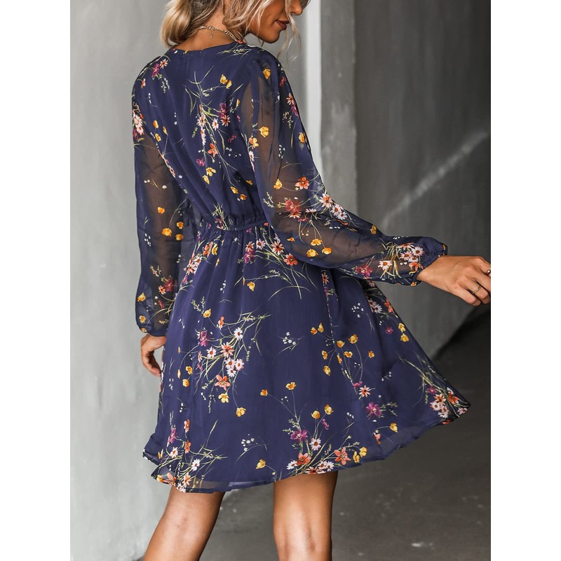 CUPSHE Women's Floral Print Sheer Chiffon A-Line Mini Dress Long
