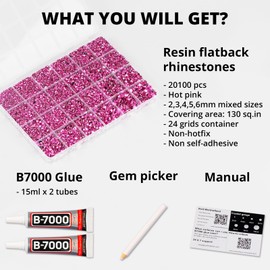 20100Pcs Hot Pink Rhinestones Flatback with b7000 Glue for Crafts Crafting Clothing Clothes Fabric Jerseys, Flat Back Crystals Gems Kit, Diamonds Multi Sizes 2-6mm