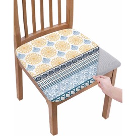 Savannan Dining Room Chair Seat Covers Set of 4 Bohemian Floral Geometric Stripe Removable Stretch Chair Seat Cushion Slipcovers Protector for Holiday Party Festival Decoration, Blue Yellow