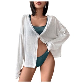 SOLY HUX Women's Swimsuit Coverup Long Sleeve Button V Neck Beach Kimono Tops Summer Vacation Clothes Solid White Medium