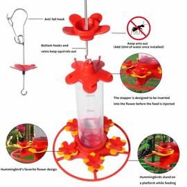 NENOWOND Hummingbird Feeder for Outdoors, Hanging for Garden Yard, Ant and Bee Proof, Plastic Wild Bird Feeder with 5 Feeding Ports, Easy to Install (2 Pack)