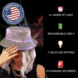 Boldforge LED Fiber Optic Bucket Hat for Women & Men - 7 Colors - Light Up Hat - Rave Accessory - Festival Gear - Party Hat - Wedding Hat - Mardi Gras - USB Rechargeable - White