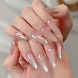 French False Nails Medium - 24Pcs Naked Cat's Eye French Fake Nail - Almond Tip Natural Nude Style - Medium Length Glossy Full Cover Press On Nails for Women Girls Nails Art