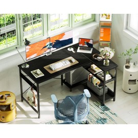 ODK Small L Shaped Computer Desk, 48 Inch Corner Desk with Reversible Storage Shelves & Iron Hook, Modern Simple Writing Study Table, Black