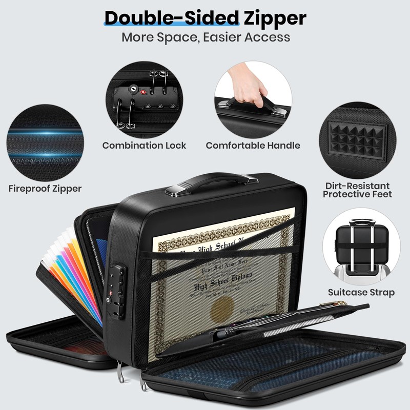 Fireproof Document Box Double-Zip, Hard-shell Waterproof Fire Proof Bag with