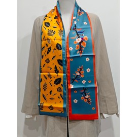 GIMIRO Satin Silk Scarf Double Layers 150 x 16 cm Tie Flowers Waist Belt for Blazer, Coat, Dress, 64 # Yellow - Blue Floral