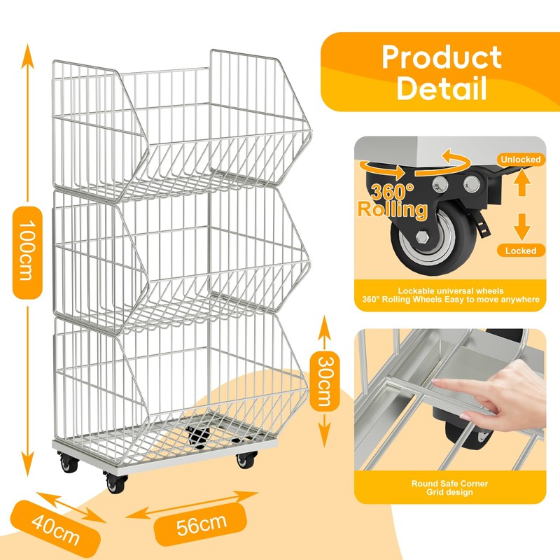 Standing Shelf Units, Wire Storage Basket with Wheels, Detachable and