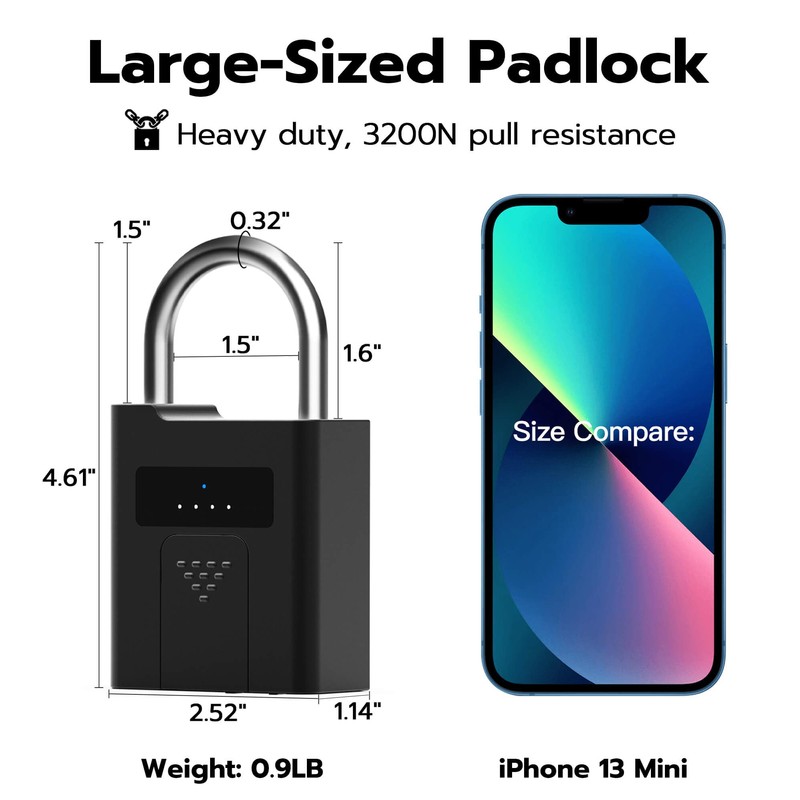 eLinkSmart Fingerprint Padlock with Key Backup, Heavy Duty Weatherproof Bluetooth
