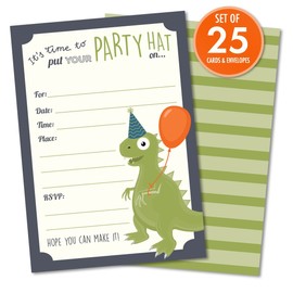 Koko Paper Co Dinosaur Party Invitations, Fill-in Style T-Rex Design for Boys and Girls, with Envelopes, Set of 25, 4.25” x 6” Printed on Heavy 140lb Card Stock