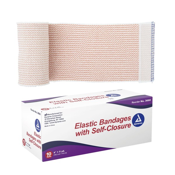 Dynarex Elastic Bandages with Self-Closure, 4" x 5 yds, Provides Compression for Injuries, Made from Polyester, Cotton, and Spandex, Non-Sterile and Latex-Free, 10 Rolls of Dynarex Elastic Bandages