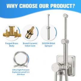 Brushed Nickel Handheld Warm Water Bidet Sprayer Mounted on The Wall, Concealed Hot and Cold Bidet Sprayer with Mixing Valve for Toilet
