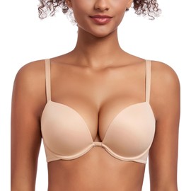 Lemorosy Women's Deep V Plunge Underwire Padded Push Up T-Shirt Bra - 2 Cups Up (32C, Nude)
