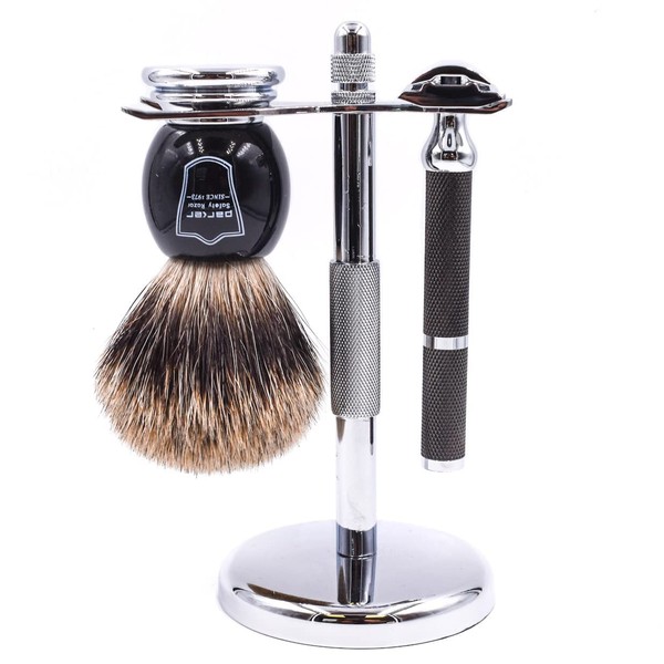 Parker 71R Safety Razor Shaving Set - Includes Pure Badger Brush, Stand & Parker 71R Butterfly Open Safety Razor plus 10 BLADES