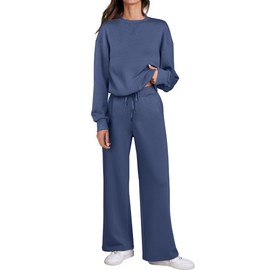 Caracilia Women's 2 Piece Outfits Sweatsuit Fall Crewneck Sweatshirts Wide Leg Pants Lounge Matching Sweat Sets Tracksuit Blue Large