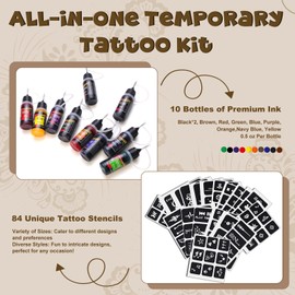 ZYH2312333KIT Temporary Paint Set, 10 Bottles of Colour Ink 0.5 oz with Stencils, for DIY Temporary Tattoos