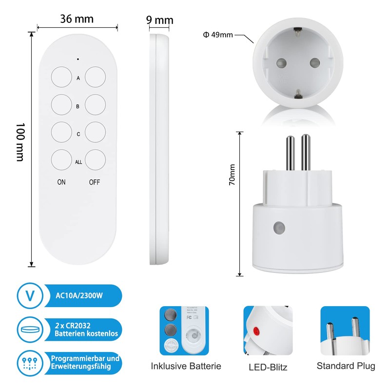 SURNICE Radio Socket with Remote Control, 2300 W 4 Socket