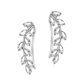 AOBOCO Leaf Ear Climbers Earrings Hypoallergenic 925 Sterling Silver Ear Crawler Cuff Earrings for Sensitive Ears, Made with Austrian Crystals, Sterling Silver Crystal, crystal