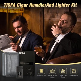 TISFA Cigar Humidor Case Leather Cedar Wood Lined Cigar Box with Cigar Lighter, V Cutter, Holder Stand 3 in 1, Hygrometer Humidifier 2 in 1, Travel Humidor Cigar Case Hold 6 Cigars (Textured Gray)