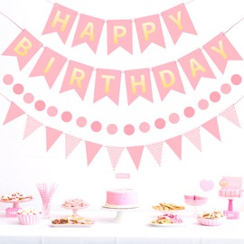 Pink Gold Happy Birthday Banner, Happy Birthday Decorations Hanging Birthday Sign Circle Dot Triangle Bunting for Women Men Girl Boy Party Supplies