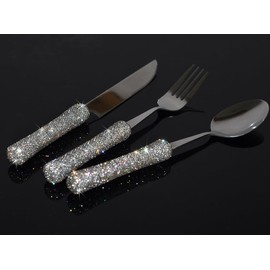 Bestbling Bling Rhinestone Crystal Dazzling Culinary Utensils Travel Set for Office, Lunch, and Travel (3, Silver)