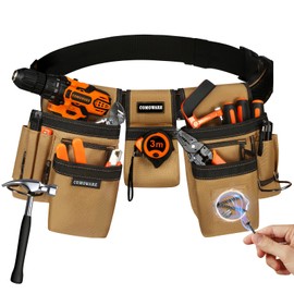 COMOWARE Tool Belt for Electricians & Construction Workers, Adjustable Heavy Duty Work Belt with Magnetic Zone, 17-Pocket Detachable System, Padded 600D Polyester Tool Belt for Men, Coffee Brown