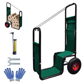 Doubleriver Firewood Carrier Cart with Large Wheels Rolling Log Cart Outdoor Wooden Firewood Carts Assemble Log Cart with Green PE Baffle and Straps