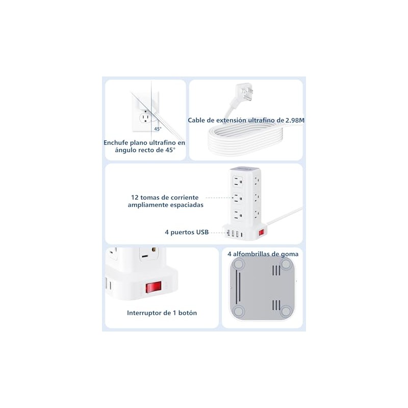 SMALLRT Torre Regleta Multicontacto con Protector de Sobretensión, 2.98M Extension