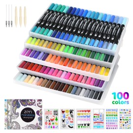 Vicloon Dual Tip Brush Pens, 100 Colors Fineliners Colouring Pens with 6 Replacement Refills,6 Drawing Cards,3 Drawing Books,Dual Felt Tip Pens for Adult Colouring Books, Drawing, Sketching, DIY Craft