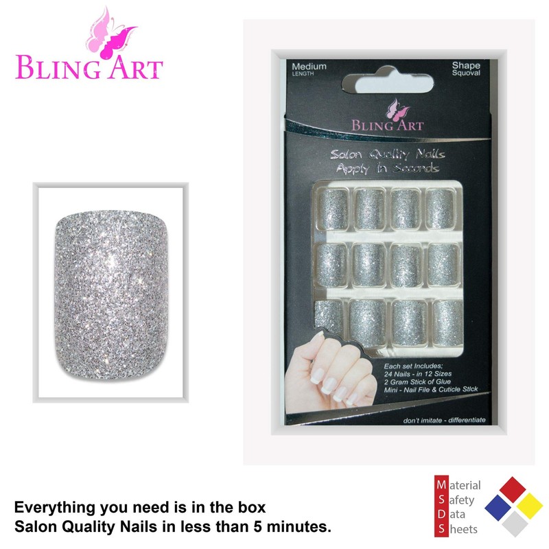 False Nails Bling Art Silver Gel French Squoval 24 Fake