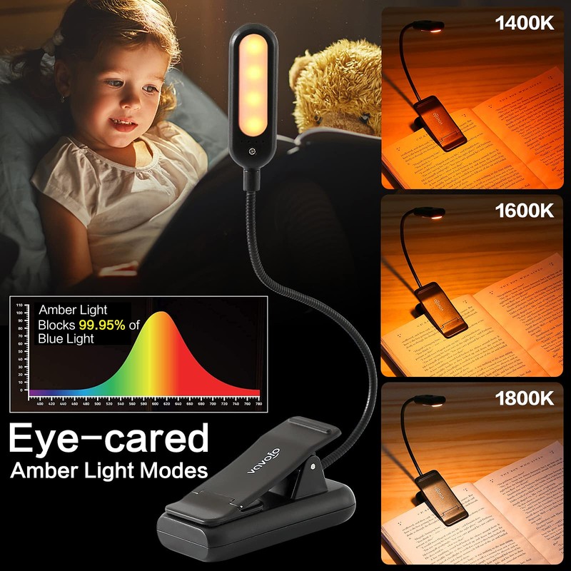 VAVOFO Amber Rechargeable Book Lights, Blue Light Blocking Reading Lights,