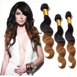 Indian Body Wave Hair Weave Extension Bundle, Tip-Dyed Two-Tone, 100% Human Hair, Length : 16/16/18