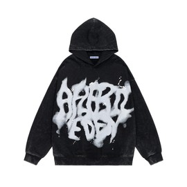 Aelfric Eden Graphic Hoodies Abstract Print Washed Hoodie Long Sleeve Acid Washed Hooded Sweatshirts Trendy Y2k Tops Black