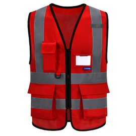 AYKRM 21 Colours Safety Vest Reflective Safety Vest with Reflective Strips with Zip and Pockets Work Vest, red