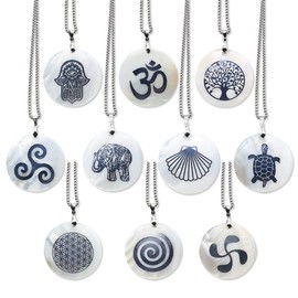 LHJ 6 Pcs Natural Shell Pendant Necklace Round Shape White shell Pattern Painted Long stainless Steel Chain for Jewelry Decoration