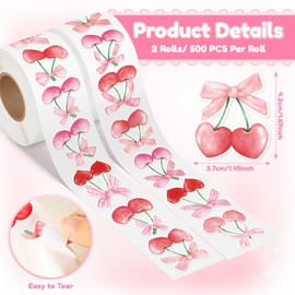 BkeeCten 1000pcs Pink Bow Cherry Coquette Sticker Roll (2 Rolls), Watercolor Aesthetic Fruit Decorative Decals, Red & Pink Cherry with Bow Self-Adhesive Stickers for Water Bottle Scrapbook Decor