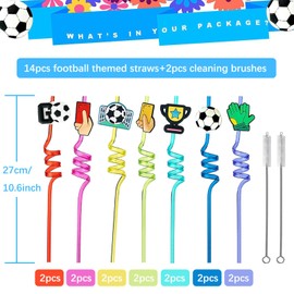 Pack of 14 Children's Football Straws with 2 Cleaning Brushes, Reusable Plastic Straws, Curly Party Straws, Children's Birthday Decoration Party Supplies, Football Theme Decorations