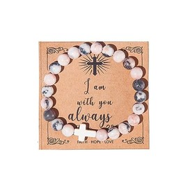 Christian Gifts for Women, Men Cross Beads Stretch Bracelet Catholic Religious Jewelry Gifts Natural Stone Pink Zebra Bracelet for Godmother, Mothers Day Gifts,Birthday Gifts,Easter Jewelry Gifts,Inspirational Gifts