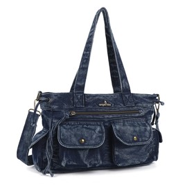 Angel Kiss Handbags for Women Soft Denim Purses for Womens Multiple Pockets Shoulder Bags Ladies Roomy Zippers Tote Bag Organizer Top-Handles Handbag with Crossbody Strap,White