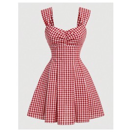 Floerns Women's Plaid Ruched Bust Sleeveless Vintage Bowknot Pleated Short Dresses Red Large