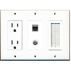RiteAV - (3 Gang) 15A Power Outlet Mesh-Brush Coax Shielded Cat6 Wall Plate White