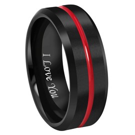 CROWNAL 8mm Thin Red Groove Black Brushed Tungsten Carbide Wedding Band Ring Comfort Fit Engraved I Love You Size 5 To 17 (8mm,14)
