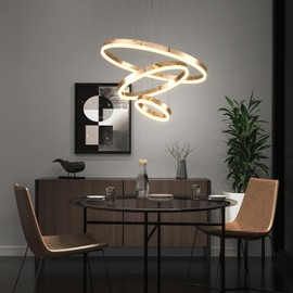 KAUCQI Gold Led Chandelier 3 Rings Dimmable Light Fixture for Kitchen Over Table Height Adjustable Modern Pendant Light for Dining Room Living Room Bedroom Foyer
