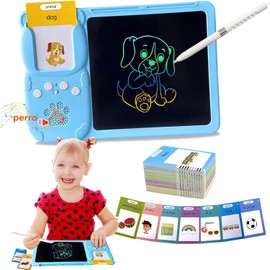 Juguetes de Aprendizaje con Tarjetas Flash Parlantes, Lectura Bilingüe en Español e Inglés,Tableta de Escritura LCD con 114 Tarjetas flashcards Parlantes， juego didáctico y regalos para niños（Azul）