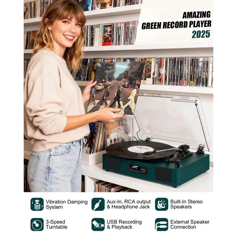 Vinyl Record Player with Built-in Speakers, USB Recording, Dark Green