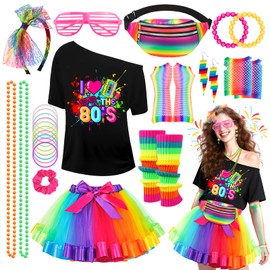 28 Pieces 80s 90s Outfit Women's Set, 80s Clothing Costume, T-Shirt, Tutu, Bum Bag, Earring, Mesh Gloves, 80s Retro Party Accessories, Costume 80s Women's Carnival Party (Colour, XL)