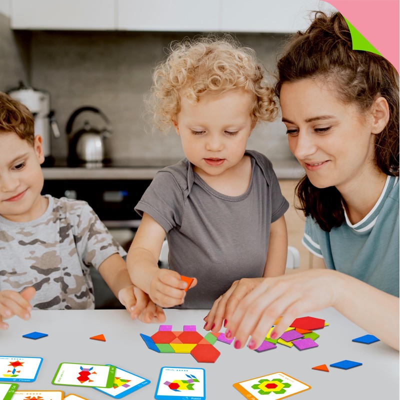 155 PCS Wooden Pattern Blocks Set, 24 Double-Sided Design Cards(48