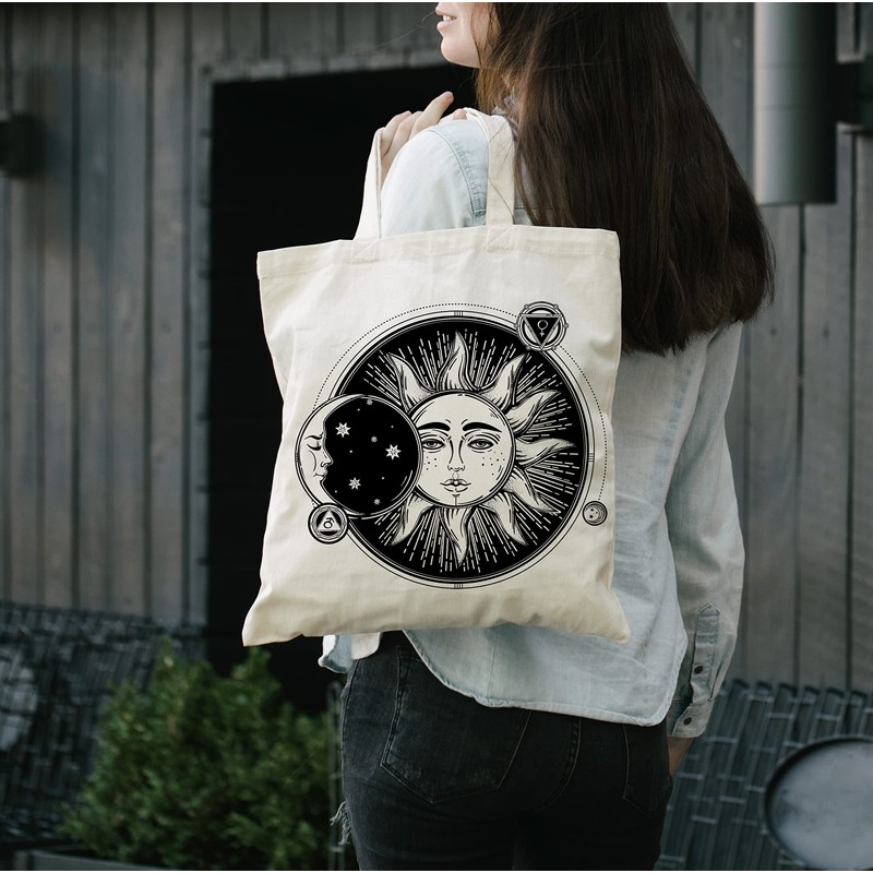Sun and Moon Eclipse Hipster Tattoo Large Print Tote Shoulder